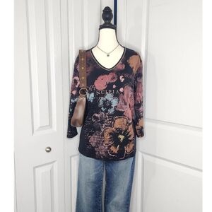 Y2K Gorgeous Black Multicolored Floral Butterfly Vintage Print V-neck Top